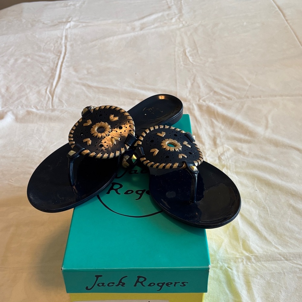Jack Rogers Black Sandals with Gold Details